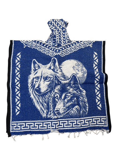 Blue and White Wolf "Pack Leader" Poncho / Gaban with Hoodie / Gorro