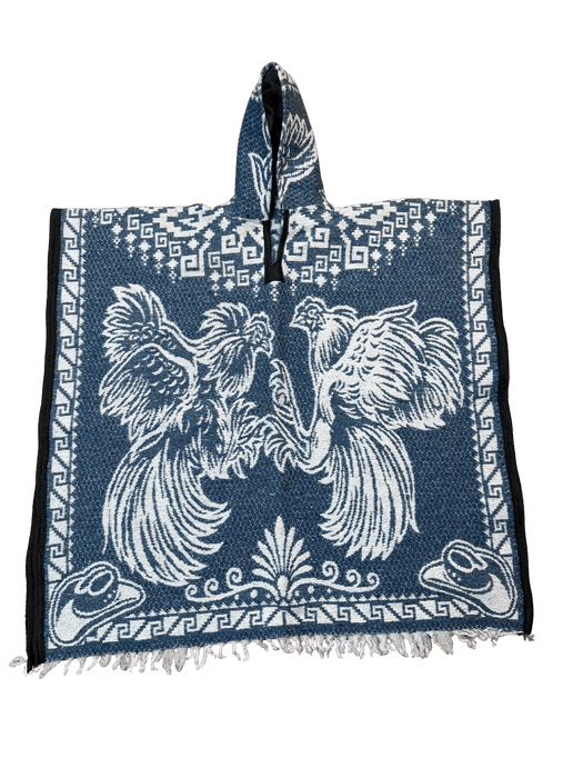 Light Blue and White Roosters Fighting Poncho/Gaban with Hoodie / Gorro
