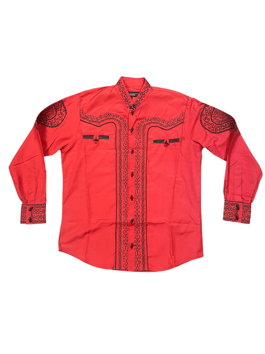 Red with Black Embroidered Intricate Design Charro Shirt