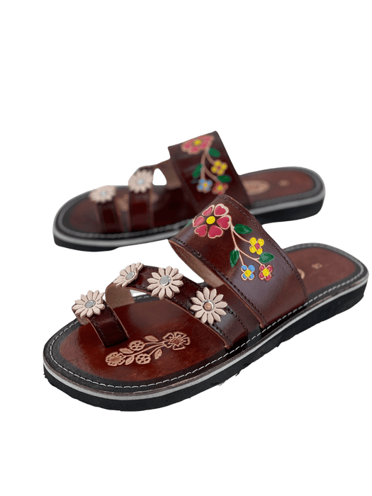 Leather Sandal - Brown Colorful Flower Toe Ring with 4 Flowers