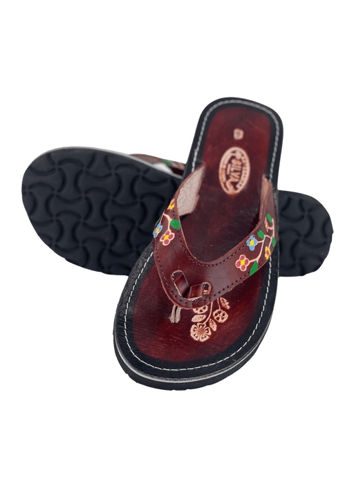 Leather Sandal - Brown Cookies with Painted Flowers