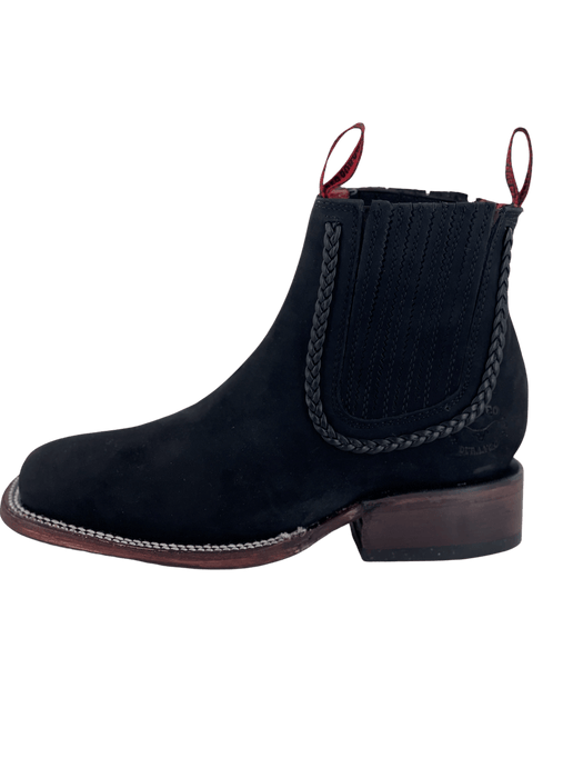 Women's Solid Black Nobuck with Trenza Square Toe Leather Sole Botin Rodeo