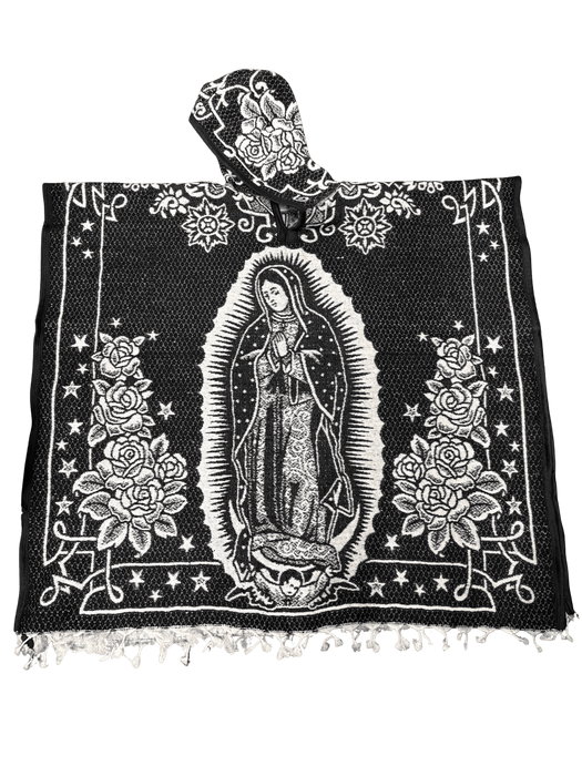 Poncho/Gaban Virgen de Guadalupe en blanco y negro con sudadera con capucha / Gorro