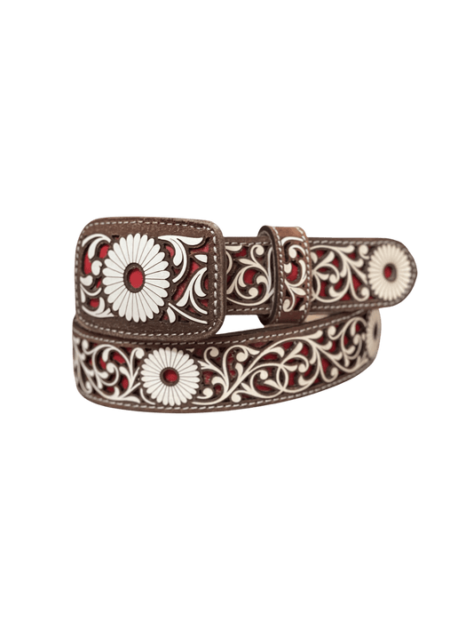 Women’s Brown with Red and White Sunflower Embroidery Chiseled Leather Belt