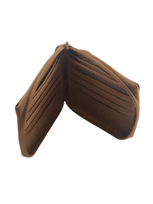 Zipper Double Fold Tan Leather Wallet