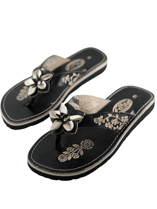 Leather Sandal - Black Flower Embroidery