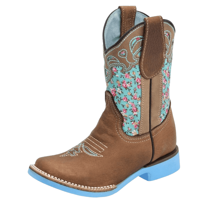 Girls' Miel with Blue Telar Print Rubber Sole Square Toe Boot