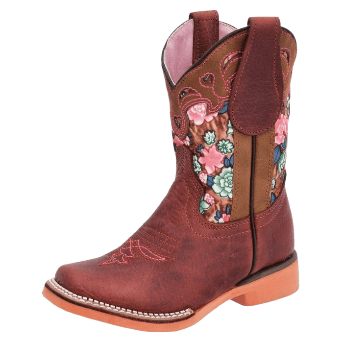 Girls' Pink with Telar Print Rubber Sole Square Toe Boot