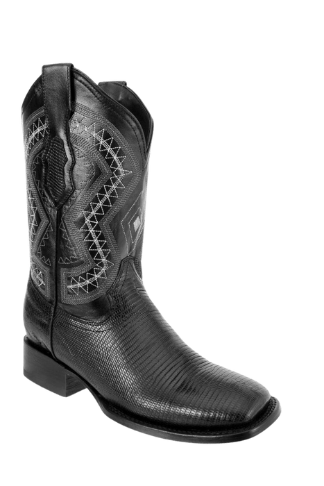 Black Square Toe Lizard Leather Boot