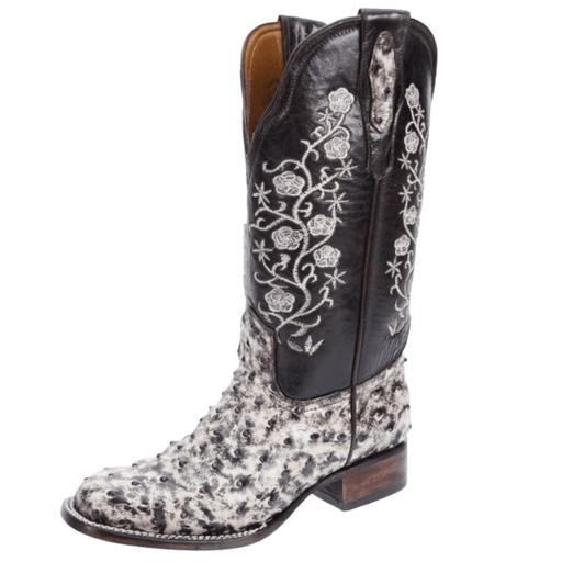 Women s Rustic White and Black Ostrich Avestruz Print Square Toe