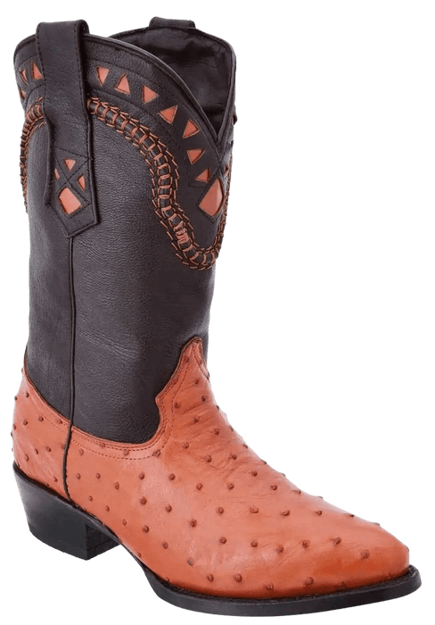 Cognac Roper Round Toe Ostrich Leather Boot