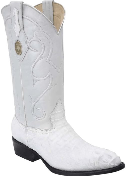 White Traditional Roper Round Toe Crocodile/Caiman Leather Boot