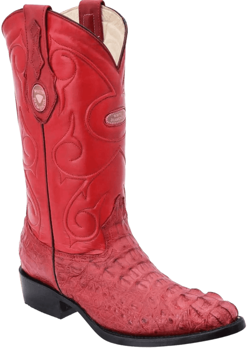 Red Traditional Roper Round Toe Crocodile/Caiman Leather Boot
