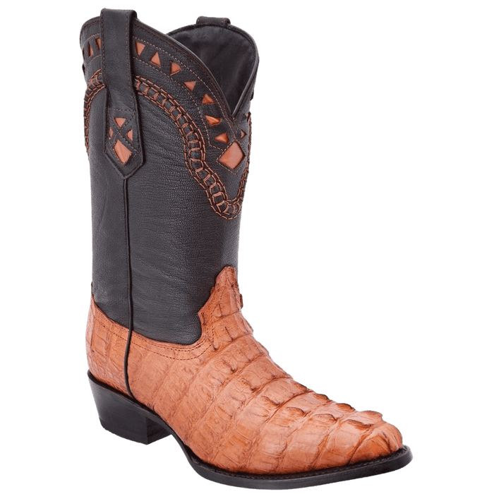 Cognac Roper Round Toe Crocodile/Caiman Leather Boot