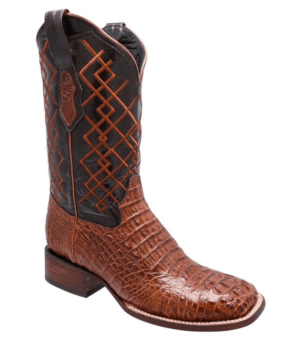 Cognac Square Toe Caiman/Crocodile Leather Boot