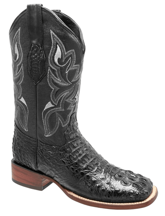 Black Square Toe Caiman/Crocodile Leather Boot
