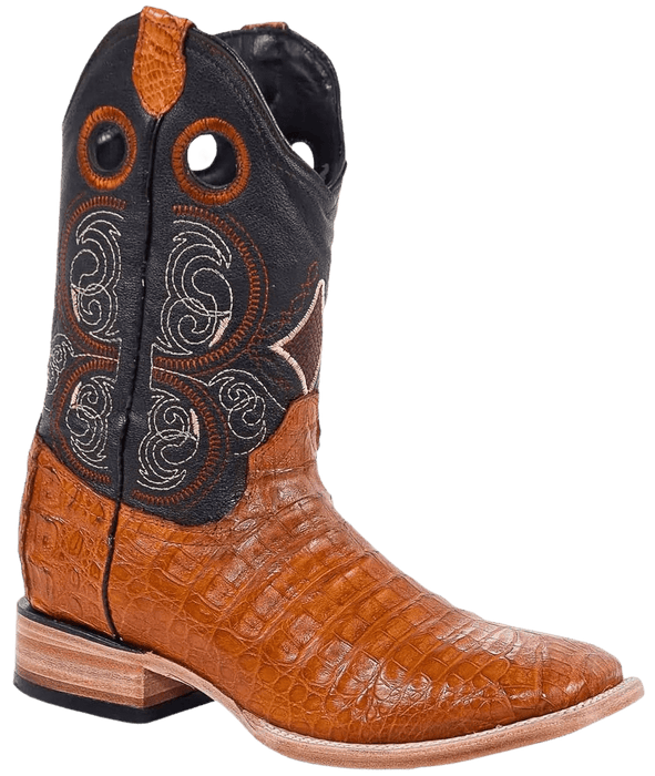 Cognac Square Toe Caiman/Crocodile Belly Leather Boot