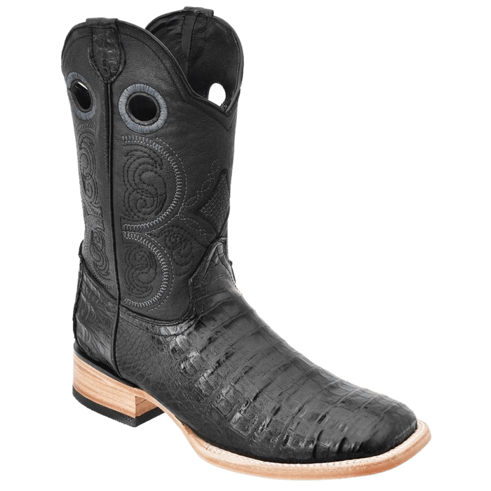 Black Square Toe Caiman/Crocodile Belly Leather Boot