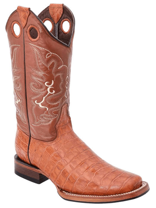 Cognac Square Toe Crocodile / Caiman Belly Print Leather Boot