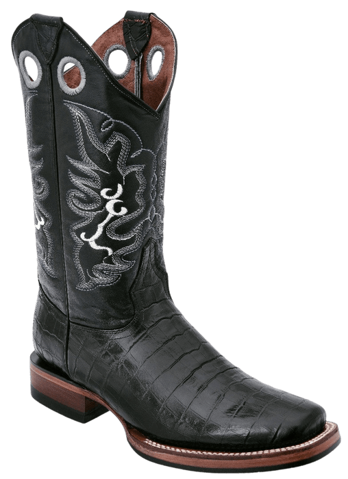 Black Square Toe Crocodile / Caiman Belly Print Leather Boot
