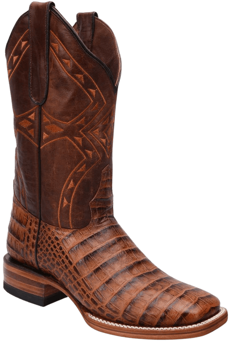 Cognac Square Toe Crocodile Caiman Print Leather Boot Rodeo