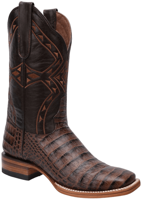 Brown Square Toe Crocodile / Caiman Print Leather Boot