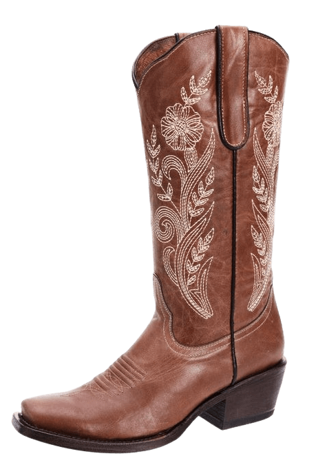 Women's Light Brown with Natural Stem Designed Leather Square Toe Rodeo Boot