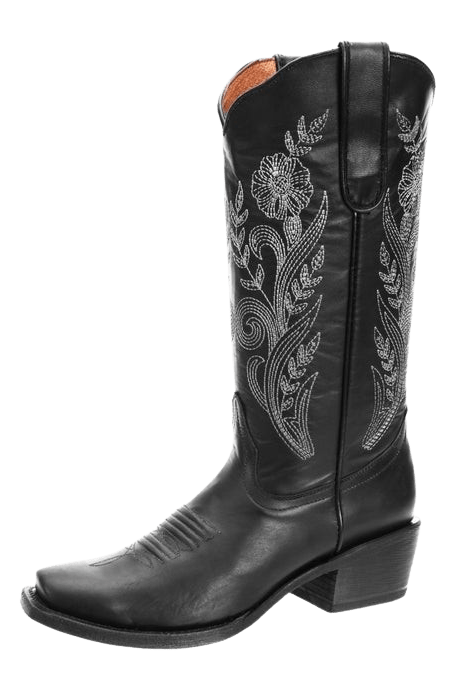 Women's Black with Natural Stem Designed Leather Square Toe Rodeo Boot