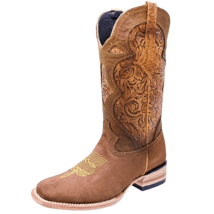 Women's Honey with Hand Tooled Design Leather Square Toe Rodeo Boot