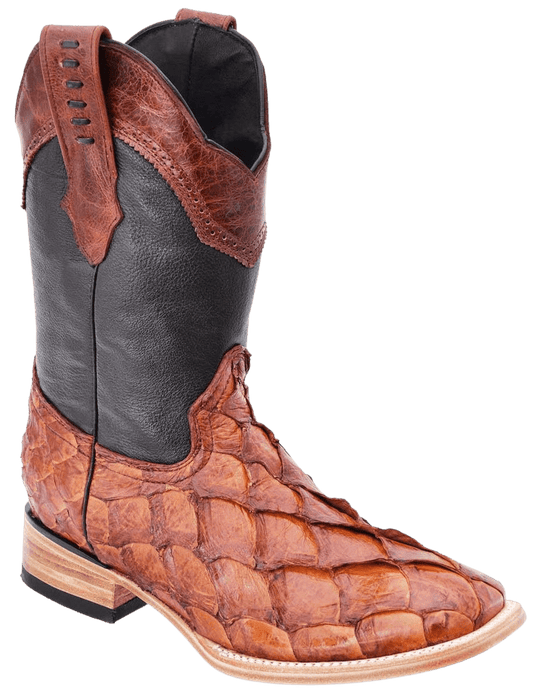 Cognac Square Toe Pirarucu Leather Boot