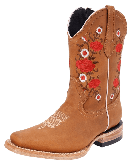 Girls' Red Roses Nobuck Miel Square Toe Boot