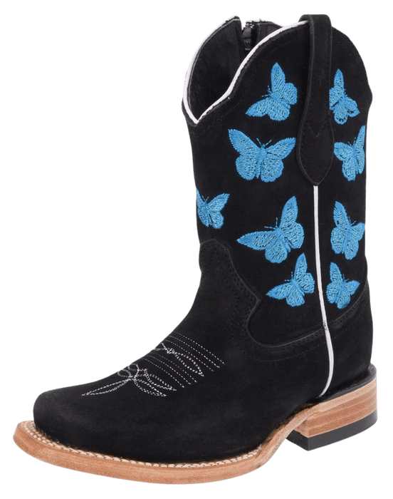 Girls' Blue Butterflys Nobuck Black Square Toe Boot