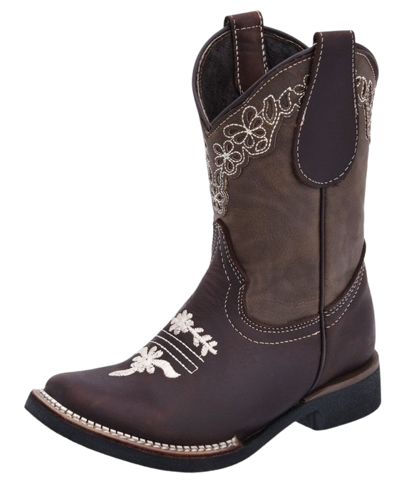 Girls' Brown with White Flowers Rubber Sole Square Toe Boot