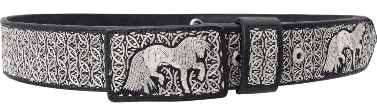 Cinturón de cuero fino Hilo de Plata negro y plateado con caballo danzante plateado