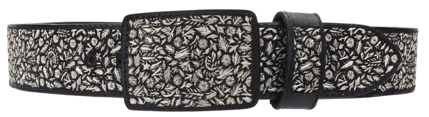 Cinturón de cuero fino Hilo de Plata con diseño de hojas florales en negro y plata