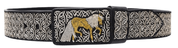 Black and Silver with Gold Dancing Horse Hilo de Plata Fine Leather Belt