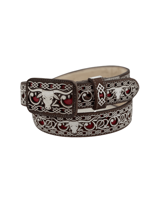 Women’s Brown with Red and White Bull Chiseled Leather Belt