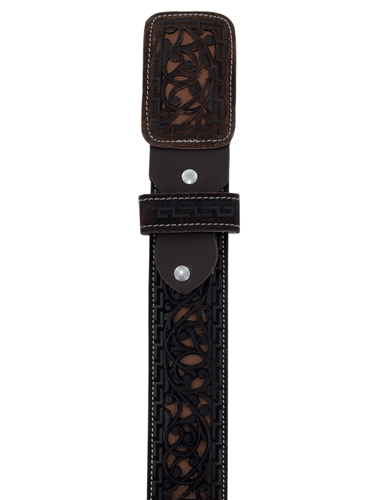 Brown with Light Brown Grecca Chiseled Charro Leather Belt
