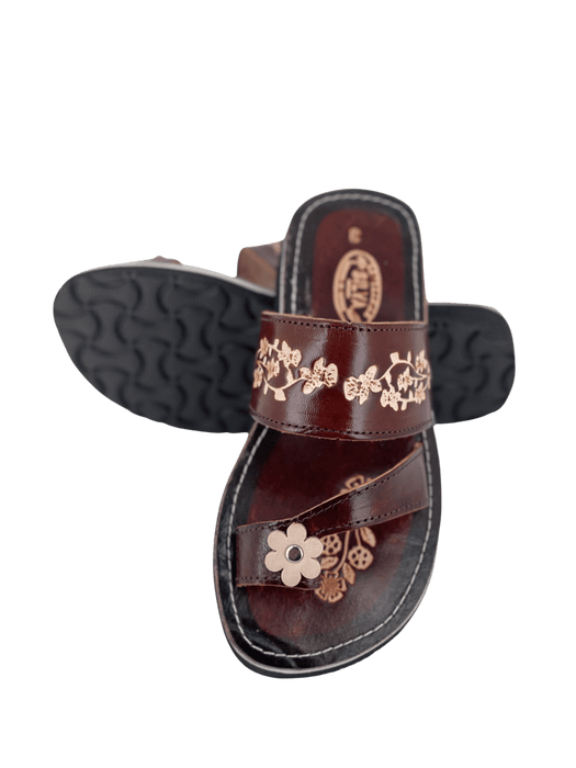 Leather Sandal - Brown Flower Toe Ring
