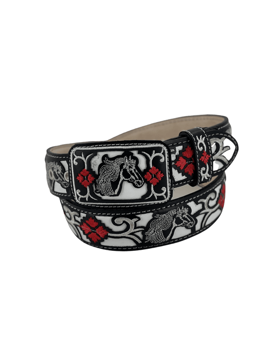 Women’s Black and White Horses with Red Flowers Silk Thread Leather Belt
