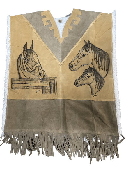 Horses Behind Stable Leather Poncho With Fur Inside