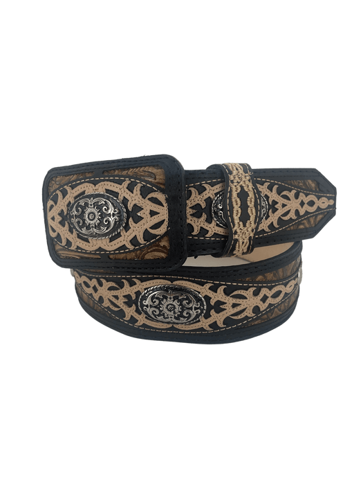 Black Embroidered with Silver Concho Western Leather Belt