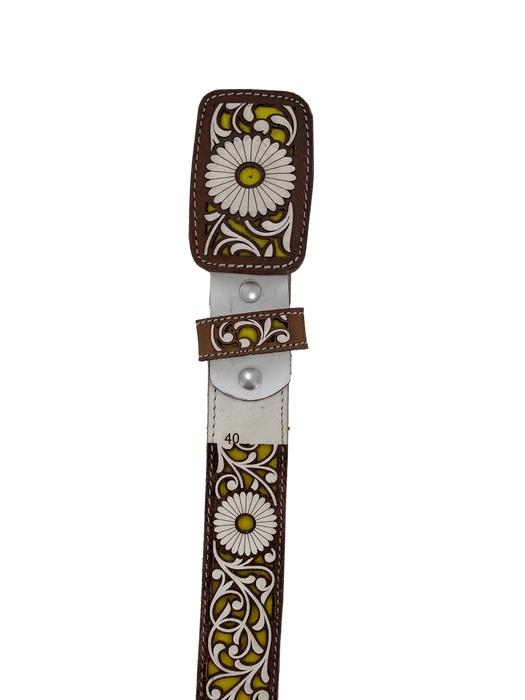 Women’s Brown with Yellow and White Sunflower Embroidery Chiseled Leather Belt