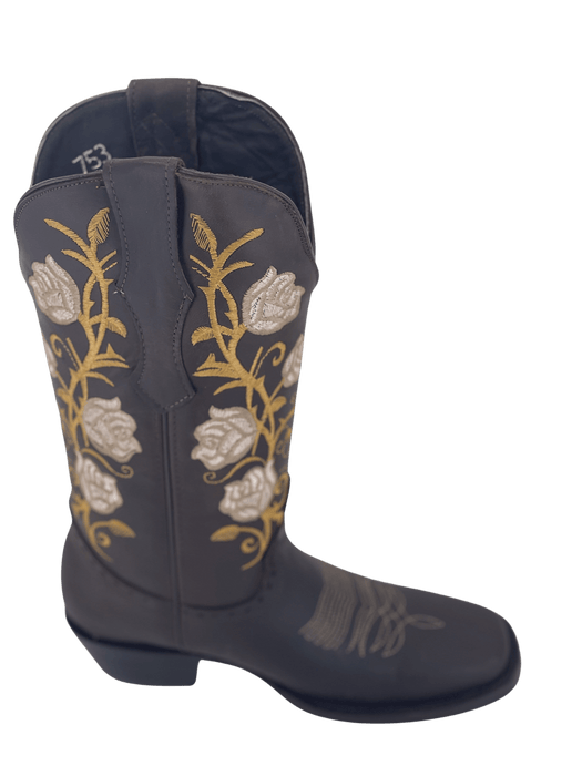 Women’s Brown with Brown and Golden Flowers Square Toe Rodeo Boot