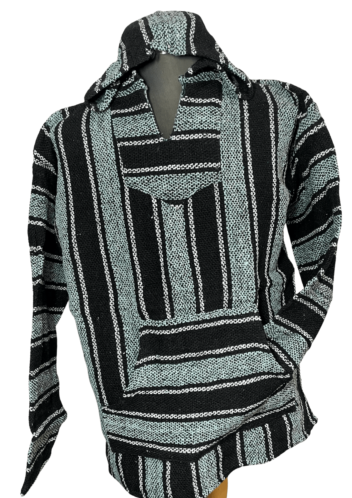 Baja Hoodie Black and Light Turquoise with Black and White Lines 091