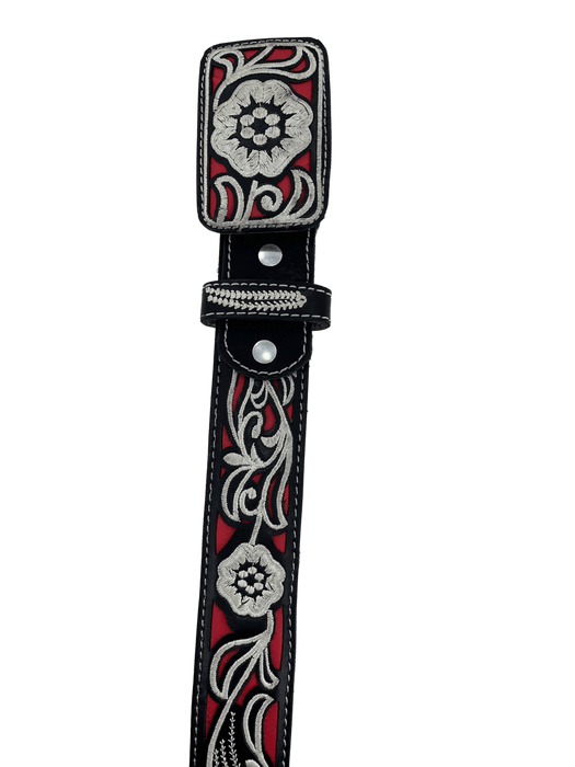 Women’s Black and Red with White Flowers Silk Thread Leather Belt