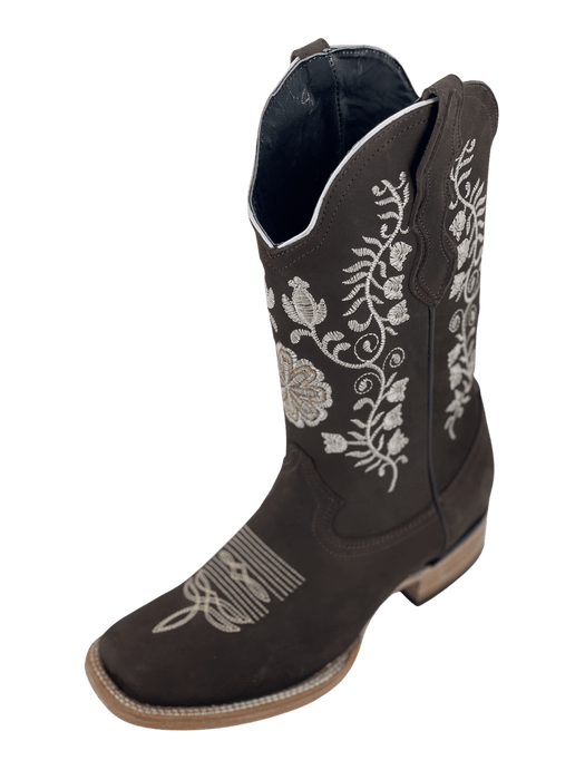 Women’s Brown Nobuck with Natural Flowers Square Toe Rodeo Boot