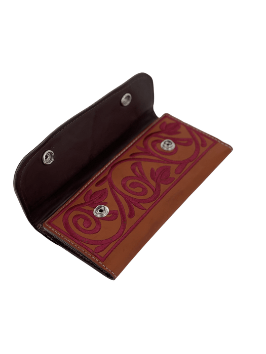 Light Brown with Burgundy Embroidery Leather Wallet