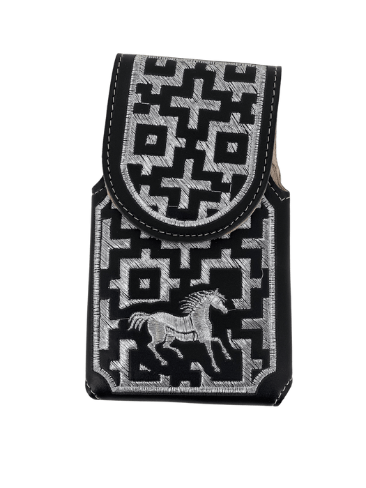 Black and Plata Dancing Horse V3 Silk Thread Leather Phone Case