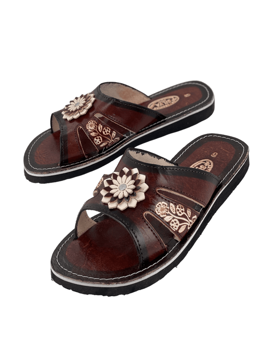 Leather Sandal - Brown Flower Open Toe